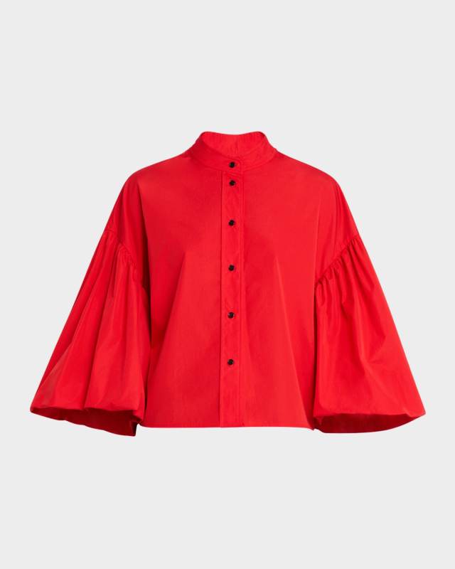 Balloon-Sleeve Button-Down Top